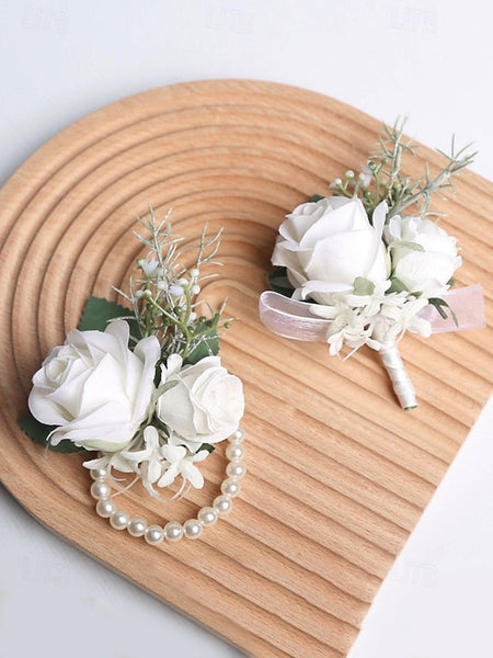 White Boutonniere and Set Corsage Rose – Wrist Elegant FashionChic