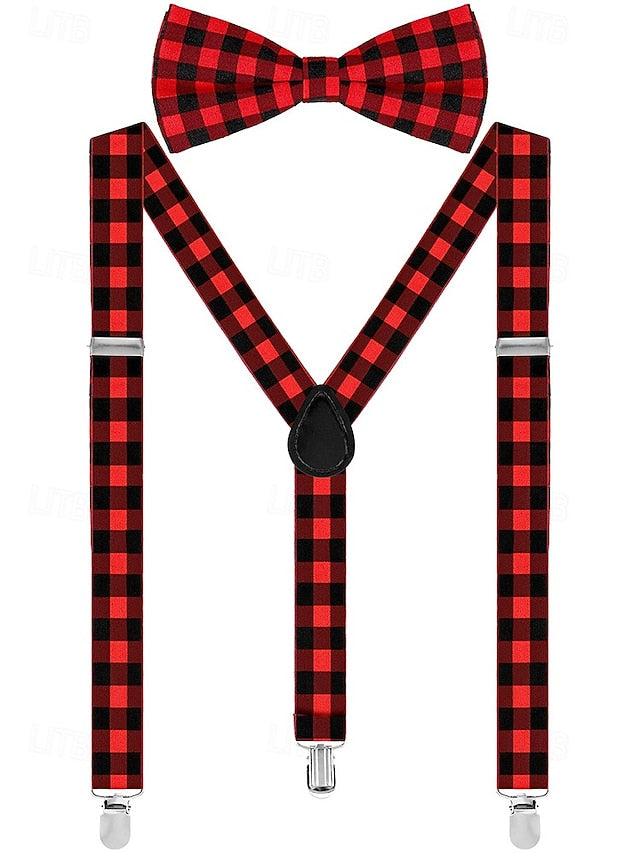 Men's Set Tie Plaid and Adjustable Suspender Bow Christmas FashionChic