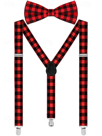 Men's Set Tie Plaid and Adjustable Suspender Bow Christmas FashionChic