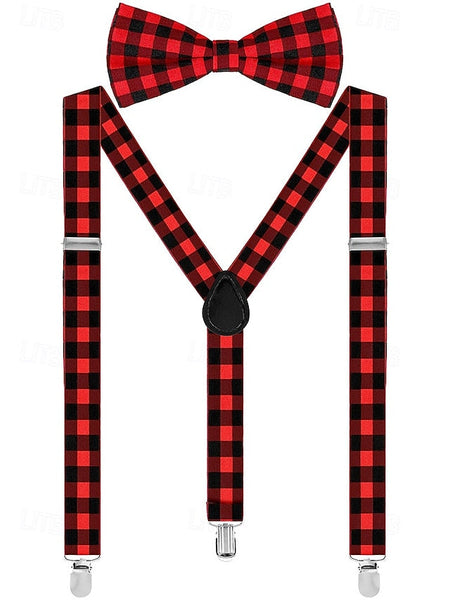 Men's Set Tie Plaid and Adjustable Suspender Bow Christmas FashionChic