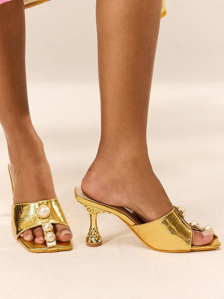 Luxurious Pearl Leather Sculptural Accents and Mules Gold with FashionChic