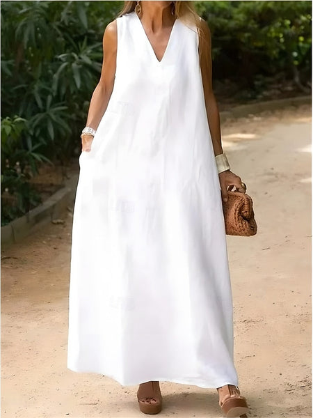 Women's White Dress Cotton Linen Dress Maxi Dress Vacation FashionChic