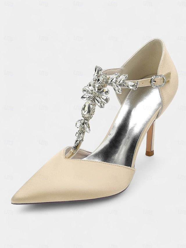 Heels Satin Blue Navy Toe – Pointed Women's T-Strap FashionChic