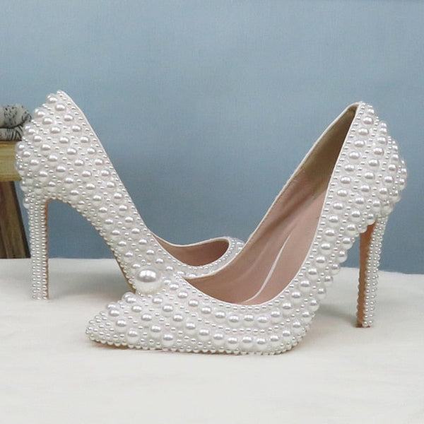 Pearl-Embellished Set Pearl White Stiletto Purse Round and Heels FashionChic