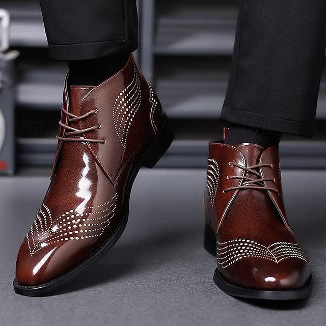 Wingtip Glossy Brogue Burgundy Leather Men's Ankle Faux FashionChic