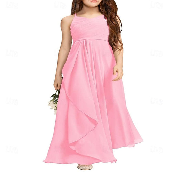 Girl Girls Bridesmaid Flowy Flower Halter A-Line Dress Junior FashionChic