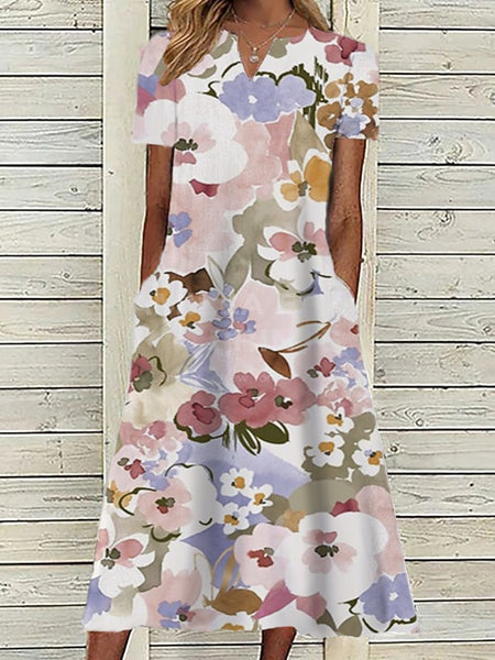 Women's Pink Dress Floral Graphic Print V Neck Midi Dress