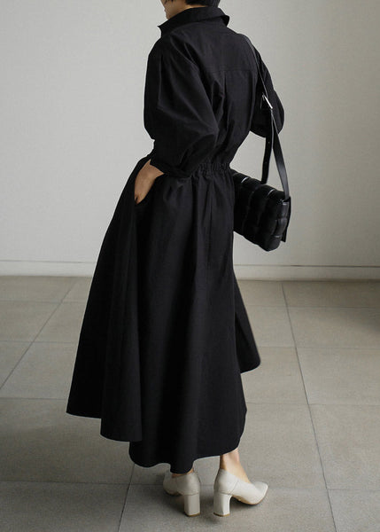Cotton Black Dresses Long Sleeve Wrinkled Button FashionChic