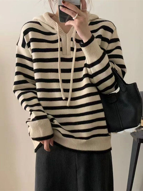 Casual Black Hooded Drawstring V-Neck Contrast Color Striped Long Sleeve Sweater QX019 shopify