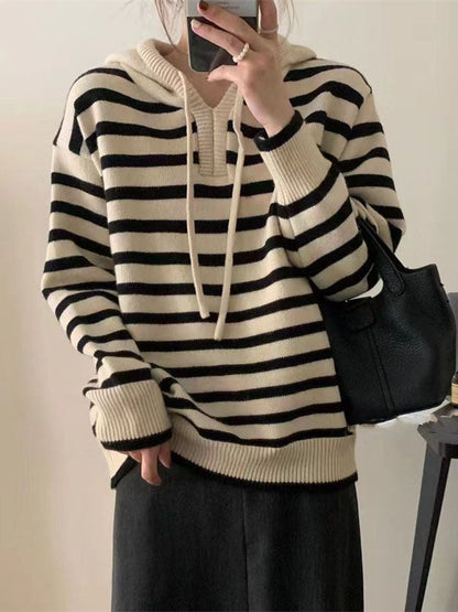 Casual Black Hooded Drawstring V-Neck Contrast Color Striped Long Sleeve Sweater QX019 shopify