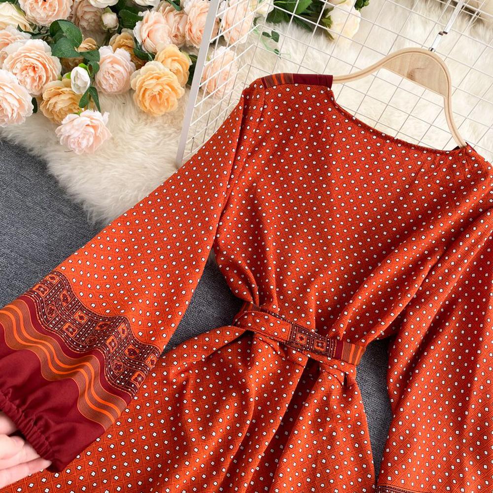 Vintage Brown V-neck Tie Waist Printed Long Puff Sleeve Dress AR1003 shopify