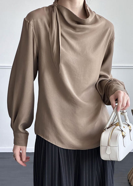 Coffee Solid Cotton Shirt Asymmetrical Fall AF1002 HS-LTP240914