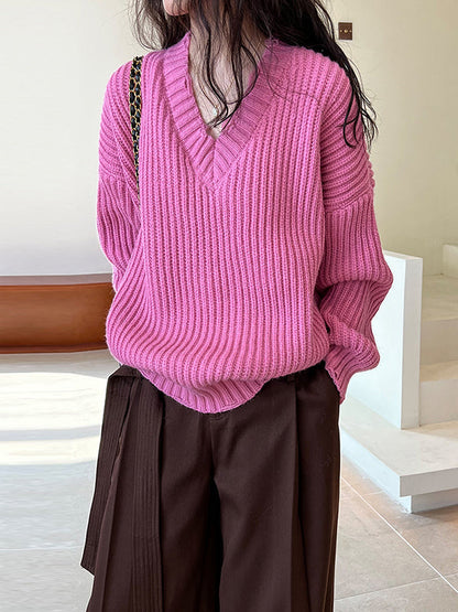 Urban Fuchsia V-Neck Long Sleeve Knit Sweater AN1046 Genistyle Shop