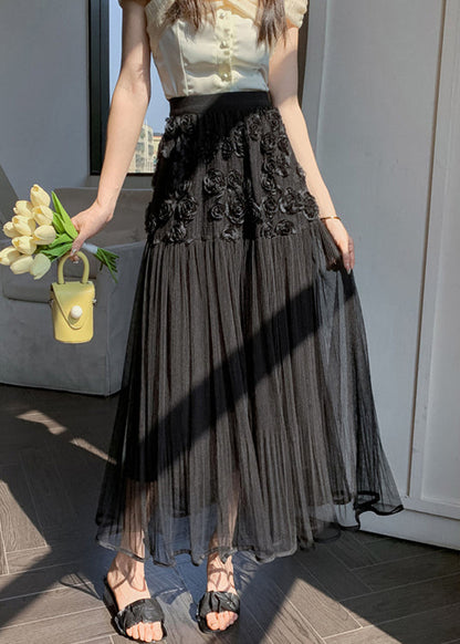 Black Wrinkled Patchwork Tulle Skirt High Waist Spring RV013 ABC