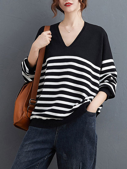 Casual Loose Black V-Neck Contrast Color Striped Long Sleeve Knit Sweater AN1035 Genistyle Shop
