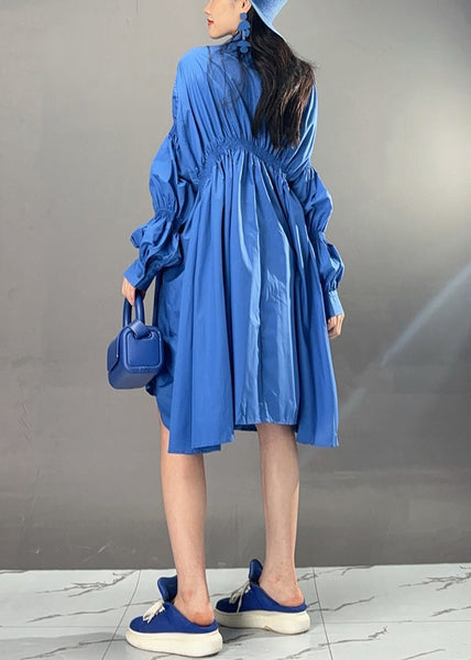 Art Blue Asymmetrical Wrinkled Button Cotton Dress Fall AJ1032 JDML-240909