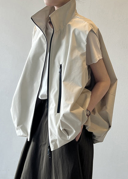 Boutique Khaki Stand Collar Zip Up Wrinkled Vest Sleeveless WD018 HS-VTP241103