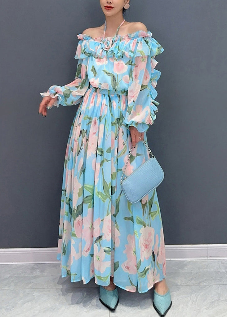 Fashion Blue Cold Shoulder Ruffled Patchwork Chiffon Dresses Long Sleeve AO1008 JDML-FDL240909