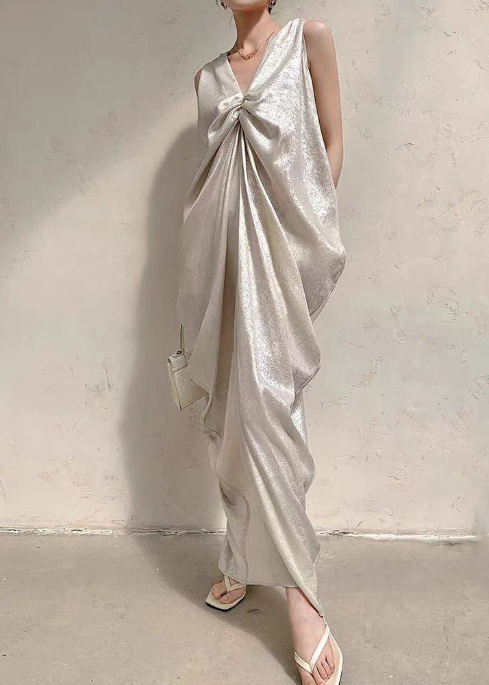 French Beige V Neck Wrinkled Silk Long Dress Sleeveless EE024 shopify