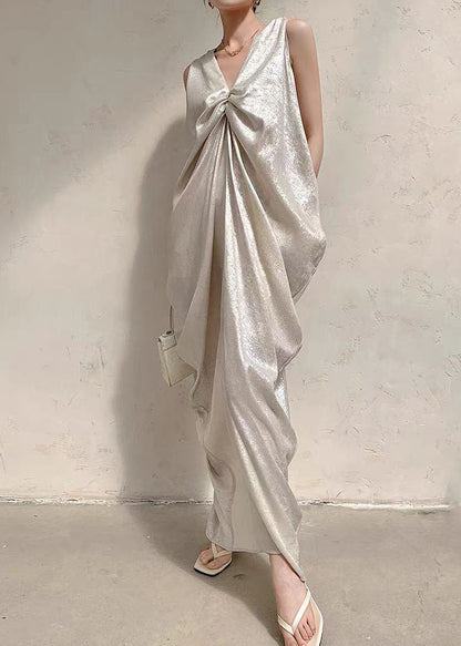 French Beige V Neck Wrinkled Silk Long Dress Sleeveless EE024 shopify