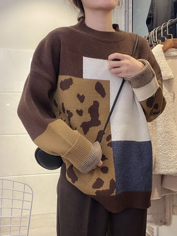 Original Brown Round-Neck Contrasting Color Blocks Leopard Long Sleeve Sweater AN1048 Genistyle Shop