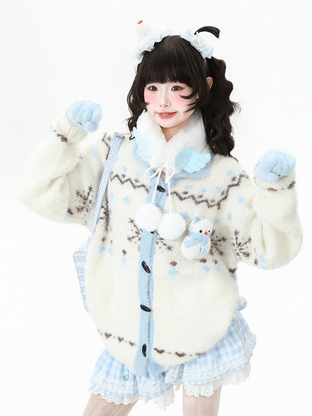 Snow White Christmas Pattern Cardigan Blue with FashionChic