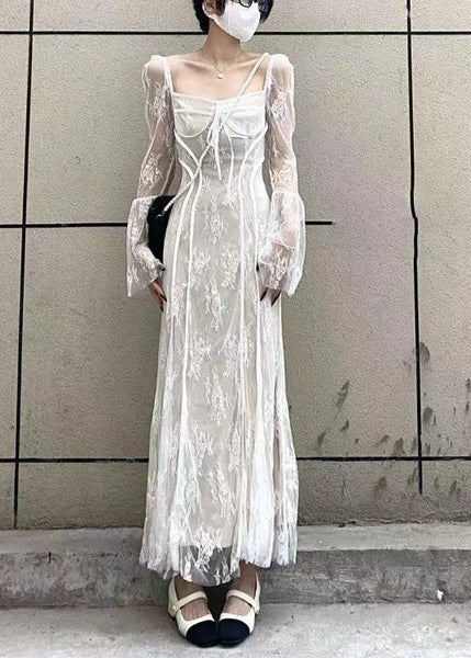 French Black Square Collar Patchwork Lace Long Dress Flare Sleeve AZ1028 shopify