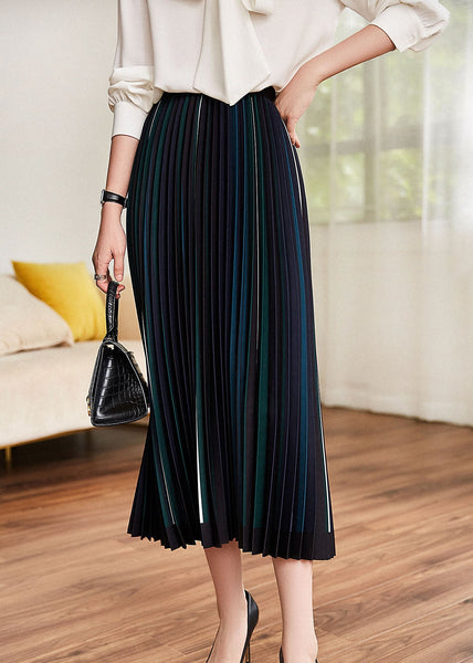 Classy Black Elastic Waist Striped Silk Pleated Skirt Spring AJ1004 shopify
