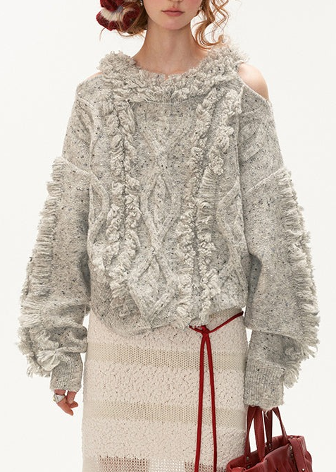 Women Blue Cold Shoulder Tassel Thick Cotton Knit Sweaters Winter QX003 shopify