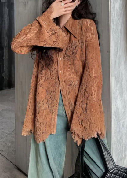 Fashion Top Collar Flare Lace Sleeve Pan Shirts Peter Coffee FashionChic