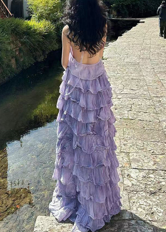 Dresses Maxi Sexy Neck Sleeveless Cotton Purple V Backless FashionChic