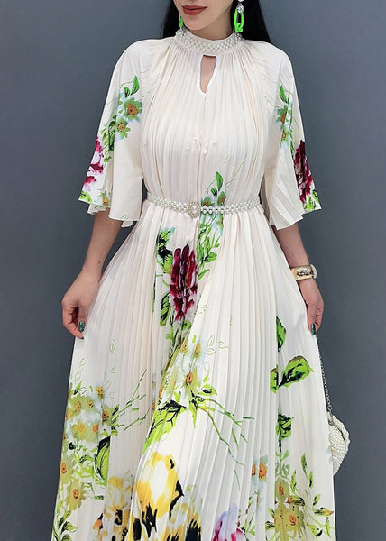 Stylish White Stand Collar Print Maxi Dresses Half Sleeve AO1022 JDML-SDL240909