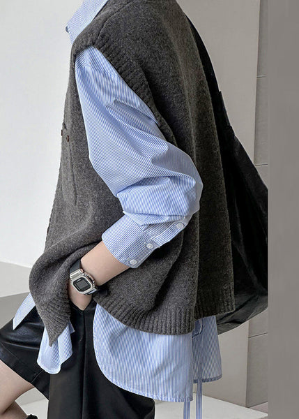 Loose Dark Gray V Neck Button Knit Vest Sleeveless AF1042 HS-NCT240914