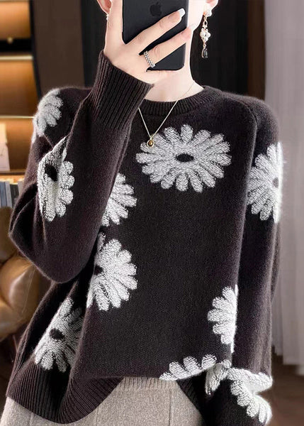 Loose Coffee O-Neck Print Wool Knit Sweaters Fall QP043 OL-NTP241001