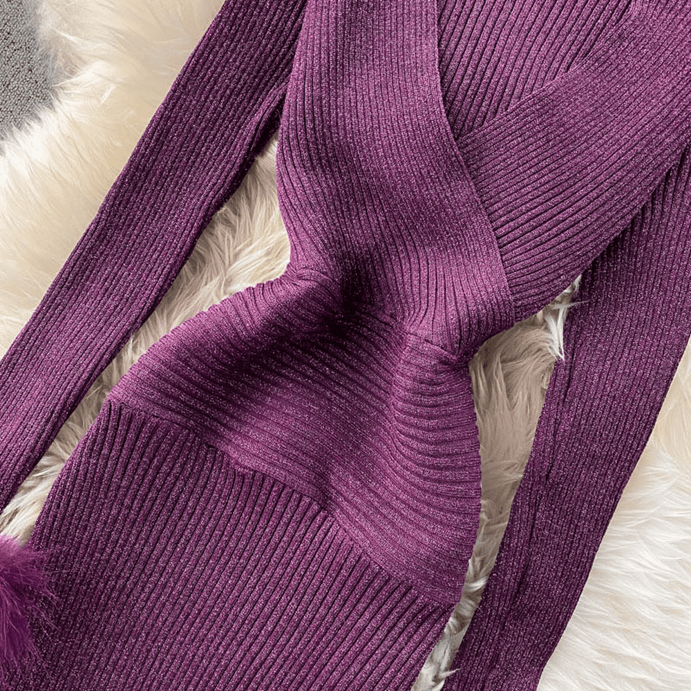 Modern Purple V-neck Hollow Out Halter Long Sleeve With Fur Knit Dress AR1009 shopify