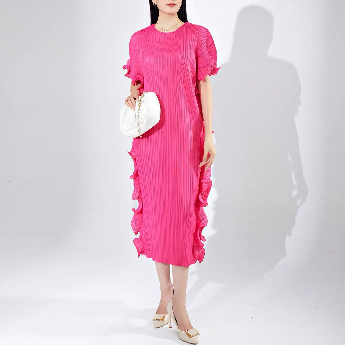 Chic Pink Round Neck Pleated Batwing Sleeve Lace-up Dress AZ1009 Genistyle Shop