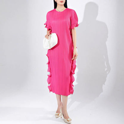 Chic Pink Round Neck Pleated Batwing Sleeve Lace-up Dress AZ1009 Genistyle Shop