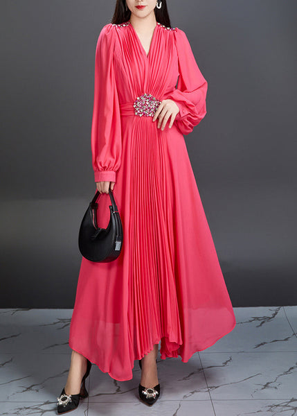 Novelty Red V Neck Wrinkled Chiffon Long Dress Fall AR1039 JDML-240823