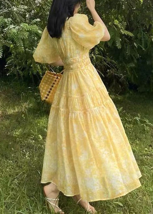 V Long Summer Print Bohemian Yellow Neck Chiffon Dress FashionChic