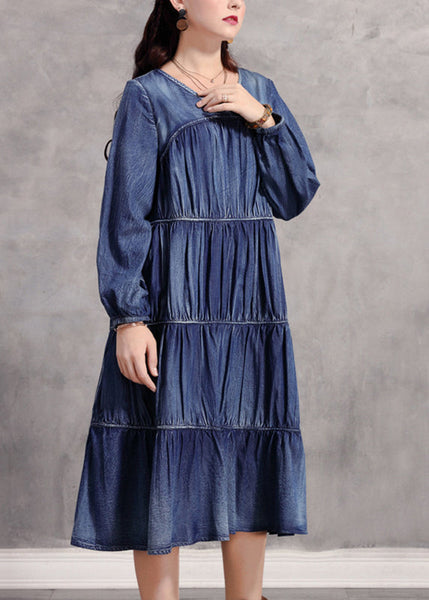 Casual Blue V Neck Wrinkled Patchwork Denim Long Dress Long Sleeve NN018 shopify