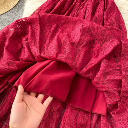 Temperament Olive Lace Ruffled Pleated Hem Flying Sleeve Dress AR1002 shopify