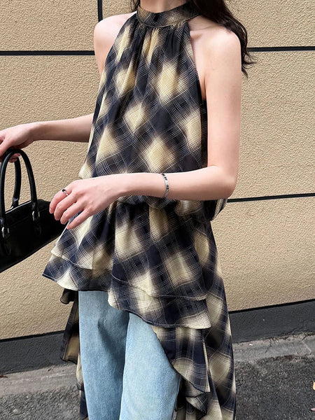 Asymmetric Khaki Plaid Neck Sleeveless Top High-Low Uniaue Halter FashionChic