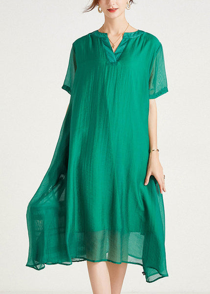 Size Summer Cotton Plus Dresses V Neck Women Green FashionChic