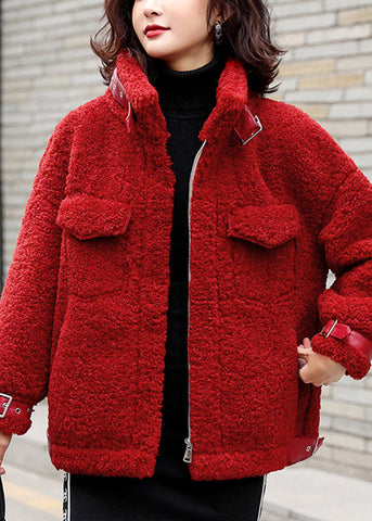 Loose Red Zippered Solid Patchwork Teddy Faux Fur Coat Winter RY001 ABC