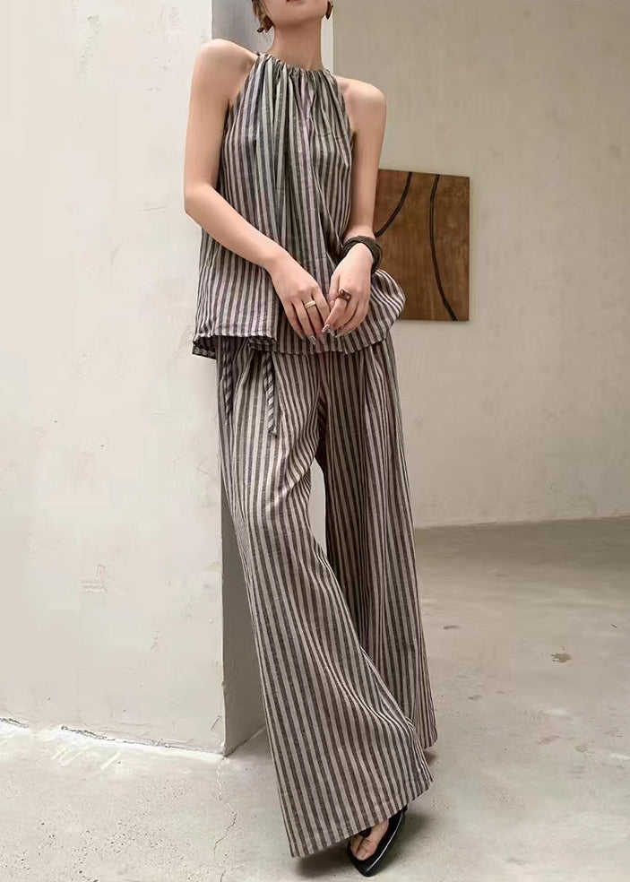 French Fashion Coffee Striped Top Wide Leg Pants Two Piece Set Summer EE055 shopify