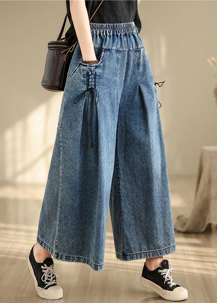 Summer Pants Strap Wide Wrinkled Denim Blue Cross Leg FashionChic