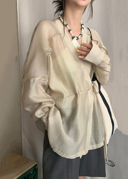 French Apricot V Neck Lace Up Silk Cotton Blouse Long Sleeve EE022 shopify