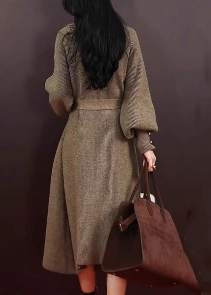 Fashion Grey Peter Pan Collar Pockets Tie Waist Knit Long Coats Winter WD039 OL-NCT241103