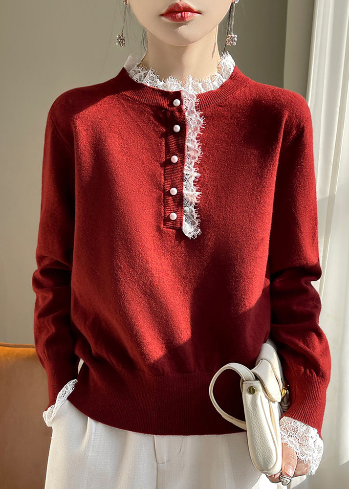 Chic Red Lace Patchwork Wool Knit Sweaters Fall QP065 OL-NTP241001