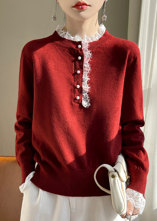 Chic Red Lace Patchwork Wool Knit Sweaters Fall QP065 OL-NTP241001